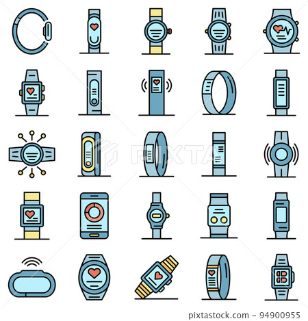 Fitness bracelet icons set. Outline set of fitness bracelet vector icons thin line color flat on white Fitness bracelet icons set. Outline set of fitness bracelet vector icons thin line color flat on white 94900955