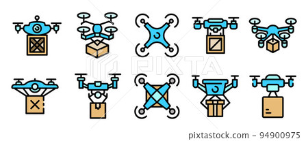 Drone delivery service icons set. Outline set of drone delivery service vector icons thin line color flat on white 94900975