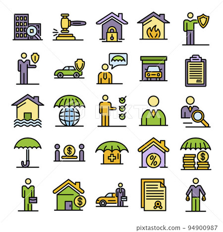 Insurance agent icons set. Outline set of insurance agent vector icons thin line color flat on white 94900987