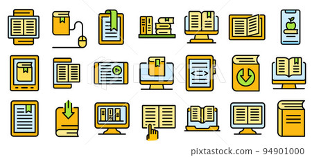 Ebook icons set. Outline set of ebook vector icons thin line color flat on white 94901000