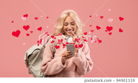 Happy female student using smartphone, texting boyfriend online, collage 94901319