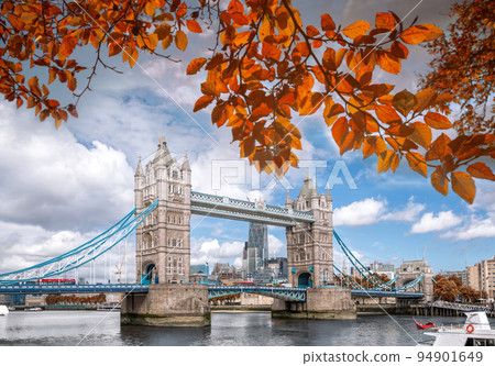 Tower Bridge with autumn leaves in London, England, UK Tower Bridge with autumn leaves in London, England, UK 94901649