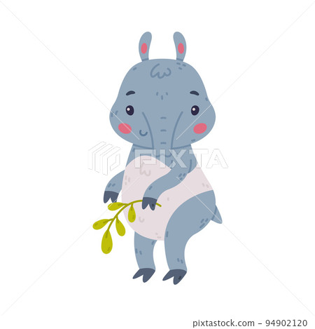Cute Grey Tapir Animal with Proboscis Standing with Green Twig Vector Illustration 94902120