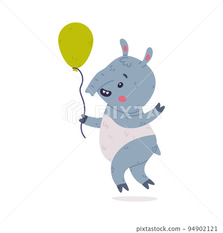 Cute Grey Tapir Animal with Proboscis Walking with Green Toy Balloon Vector Illustration 94902121