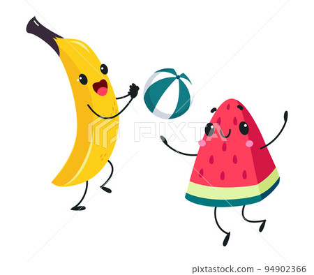 Banana and Watermelon Character Playing Ball on Beach Having Fun on Summer Vacation Vector Illustration Banana and Watermelon Character Playing Ball on Beach Having Fun on Summer Vacation Vector Illustration 94902366