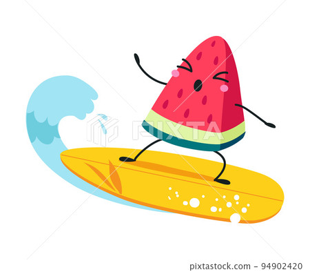 Watermelon as Summer Fruit Character Surfing Riding Wave Enjoying Vacation and Having Fun Vector Illustration 94902420