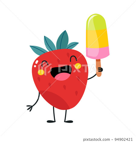 Red Strawberry as Summer Fruit Character Holding Ice Cream Enjoying Vacation and Having Fun Vector Illustration Red Strawberry as Summer Fruit Character Holding Ice Cream Enjoying Vacation and Having Fun Vector Illustration 94902421
