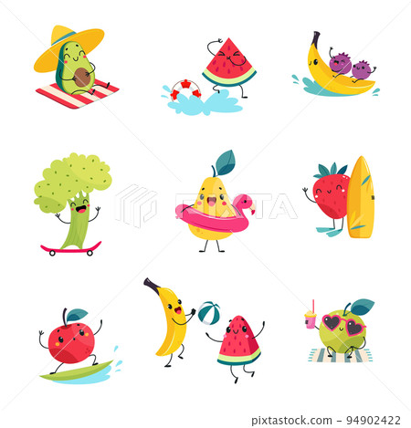 Summer Fruit Characters Enjoying Beach Vacation Having Fun Vector Set Summer Fruit Characters Enjoying Beach Vacation Having Fun Vector Set 94902422