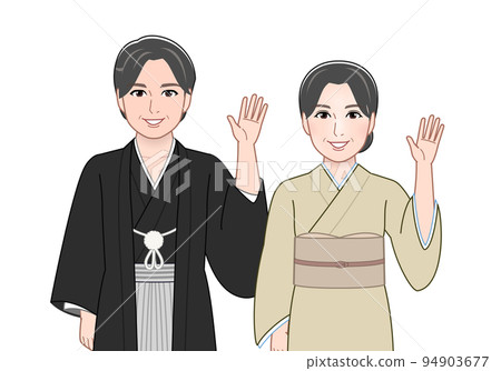 An elderly couple wearing Japanese clothes An elderly couple wearing Japanese clothes 94903677