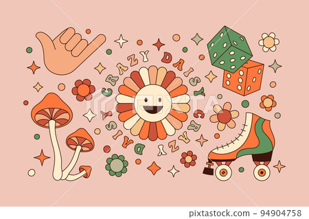 Groovy Elements Set in Retro Hippie Style 70s . Geometric Abstract Vector Stickers: Daisy Flower, Hand, Mushroom, Roller Groovy Elements Set in Retro Hippie Style 70s . Geometric Abstract Vector Stickers: Daisy Flower, Hand, Mushroom, Roller 94904758
