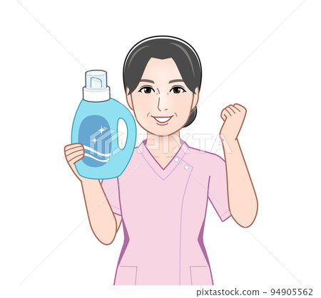Young housewife with a bottle of laundry detergent Young housewife with a bottle of laundry detergent 94905562