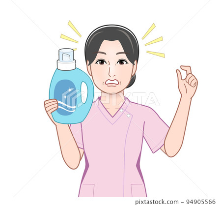 Young housewife with a bottle of laundry detergent Young housewife with a bottle of laundry detergent 94905566