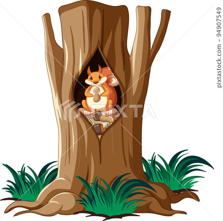 Cute squirrel eating nuts in hollow 94907549