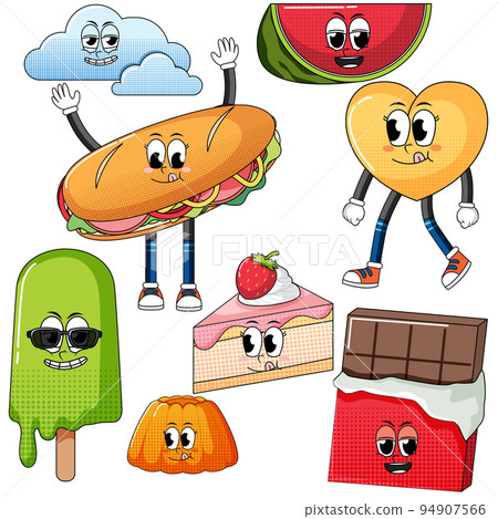 Set of facial expression with vintage style food cartoon on white background Set of facial expression with vintage style food cartoon on white background 94907566