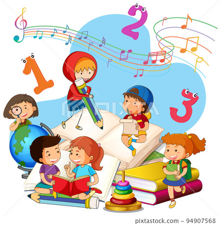 A children are reading books on a stack of books A children are reading books on a stack of books 94907568