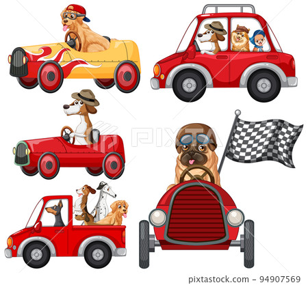 Dogs in different red cars set Dogs in different red cars set 94907569