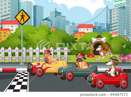 A group of different pet driving car on park street A group of different pet driving car on park street 94907571
