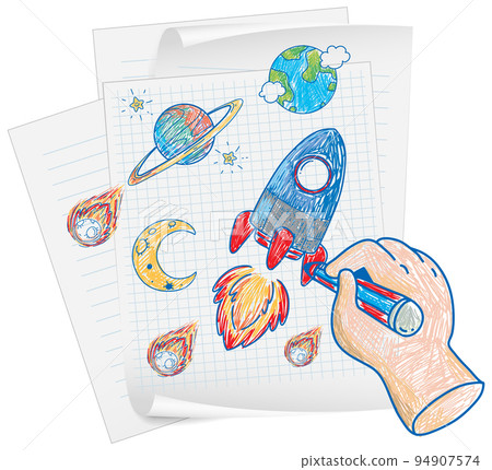 Coloured hand drawn spaceship collection Coloured hand drawn spaceship collection 94907574
