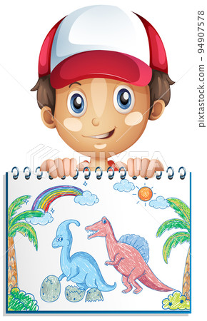 Coloured hand drawn dinosaurs on paper with a boy cartoon character Coloured hand drawn dinosaurs on paper with a boy cartoon character 94907578