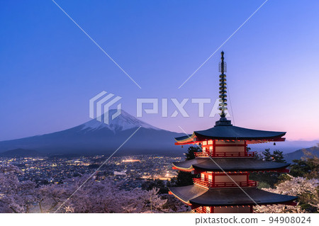 "Yamanashi Prefecture" Mt. Fuji, cherry blossoms and five-storied pagoda, Arakurayama Sengen Park in spring 94908024