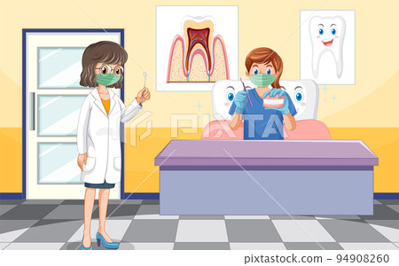 Dentist holding instruments and examining teeth decay on white background Dentist holding instruments and examining teeth decay on white background 94908260