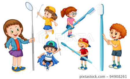 Set of happy kids holding toothbrush and dental mirror on white background Set of happy kids holding toothbrush and dental mirror on white background 94908261