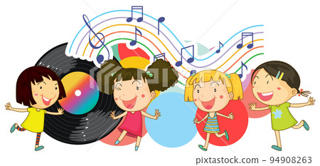 Happy children dancing with music notes on white background Happy children dancing with music notes on white background 94908263