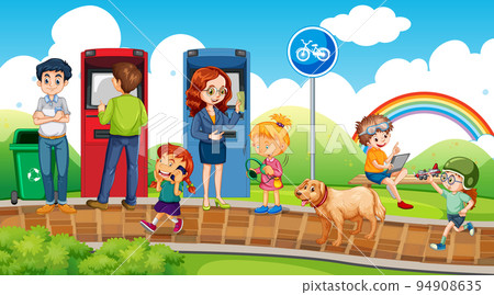 People waiting in line near atm machine 94908635