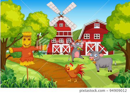 Farm scene with animals and scarecrow Farm scene with animals and scarecrow 94909012