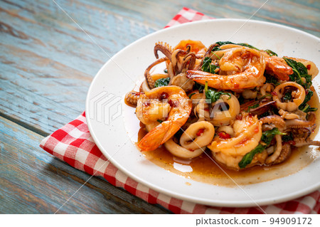 stir fried seafood with Thai basil Stock Photo 94909172 PIXTA