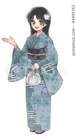 復古少女卡通風格全身插畫，引導夏日祭典的浴衣女子 94909762