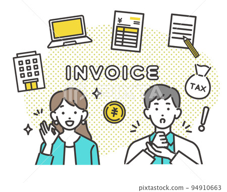 了解發票系統/稅務/獨資經營者/經營者的男女商人的矢量圖解材料 了解發票系統/稅務/獨資經營者/經營者的男女商人的矢量圖解材料 94910663