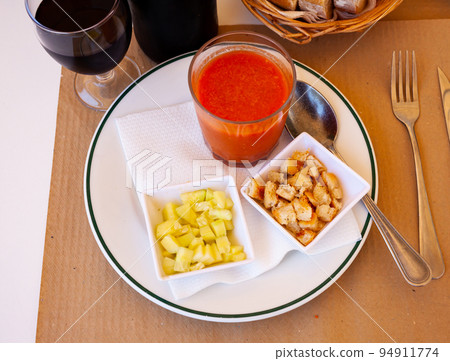 Gazpacho in glass spanish tomato based cold vegetable soup Gazpacho in glass spanish tomato based cold vegetable soup 94911774
