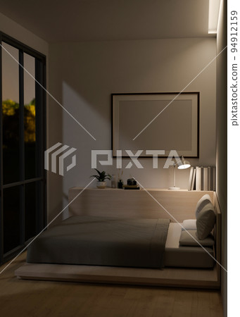 Minimal and cozy bedroom interior with comfortable bed, blank frame mockup on the wall 94912159