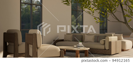 Urban and comfortable hotel hallway lounge relaxing area interior with comfortable couch 94912165