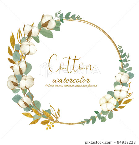 Gentle colored cotton flower and eucalyptus leaf white background frame illustration material 94912228