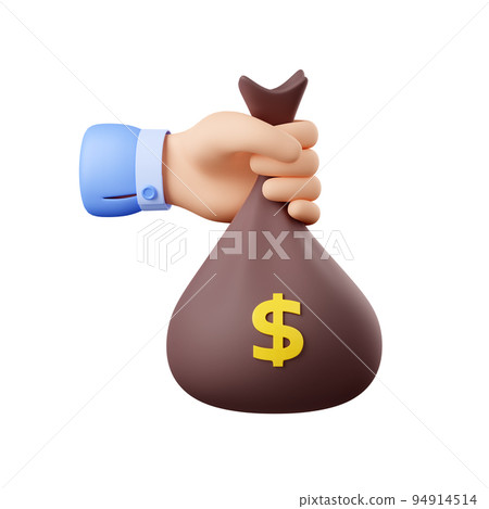 3d render hand holding money sack with dollars 94914514