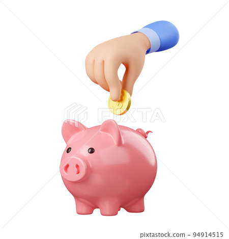 3d render hand put golden coin into piggy bank 3d render hand put golden coin into piggy bank 94914515