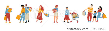People shopping isolated set, visitors with bags 94914565