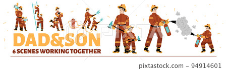 Dad and son fire fighters working together set Dad and son fire fighters working together set 94914601