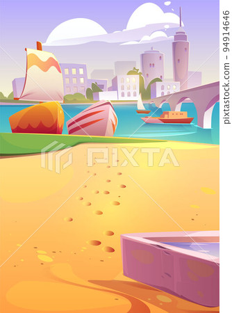 Boats and sailboats moored at river or bay beach 94914646