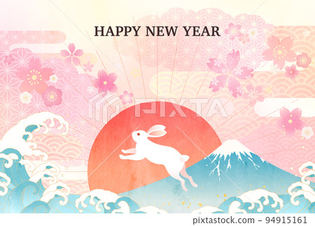 Pastel color New Year's card template of the first sunrise, Mt. Fuji, waves and cherry blossoms (vector illustration) Pastel color New Year's card template of the first sunrise, Mt. Fuji, waves and cherry blossoms (vector illustration) 94915161