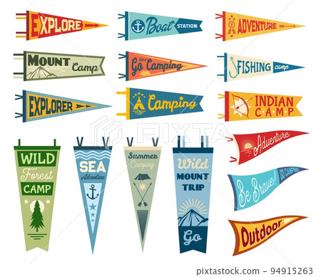 Camping pennant flags, camp pendants and outdoor sport club vector banners. Scout summer camping, kayak or boat station, fishing and mountain hiking camp pennant flag, tourism banners 94915263