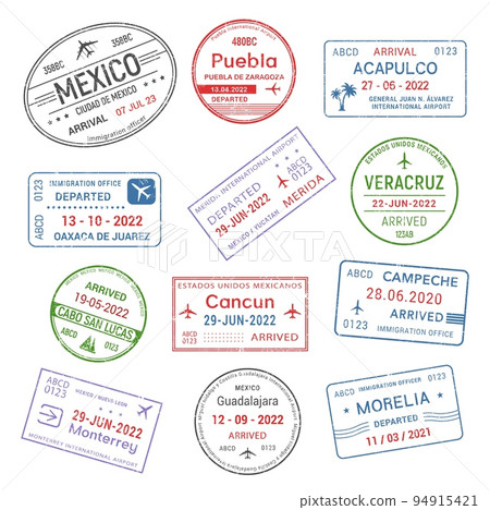 Passport travel stamps, Mexico airport visa arrival to Mexican cities, vector signs. International destinations and Mexico travel stamps of Acapulco, Cancun and Veracruz or Monterrey and Guadalajara Passport travel stamps, Mexico airport visa arrival to Mexican cities, vector signs. International destinations and Mexico travel stamps of Acapulco, Cancun and Veracruz or Monterrey and Guadalajara 94915421