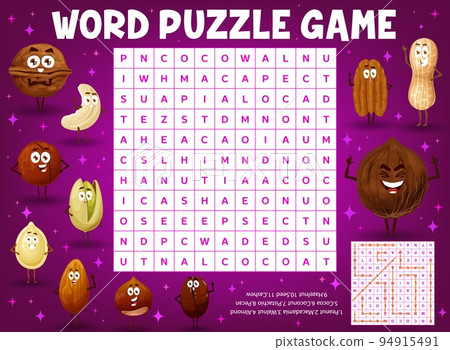 Cartoon cheerful nuts and coffee bean characters word search vector puzzle game worksheet. Kids quiz grid or education riddle with happy almond, walnut, pistachio and peanut, cashew, hazelnut, coconut Cartoon cheerful nuts and coffee bean characters word search vector puzzle game worksheet. Kids quiz grid or education riddle with happy almond, walnut, pistachio and peanut, cashew, hazelnut, coconut 94915491