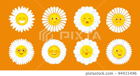 Cartoon cute camomiles or daisy flowers characters. Summer daisy vector cheerful personages set, garden flower with white petals and smiling faces. Funny camomile characters emoji 94915496