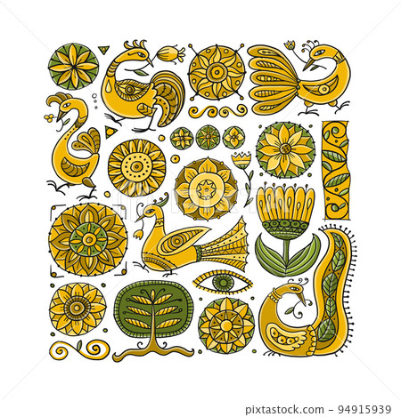 Magic birds and flowers,vintage background for your design 94915939