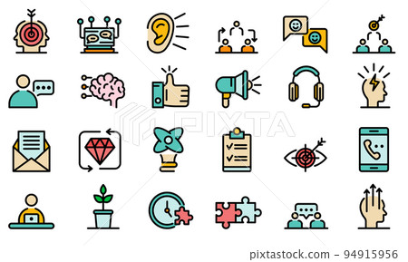 CRM icons set. Outline set of CRM vector icons thin line color flat on white 94915956