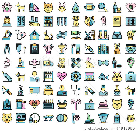 Veterinarian icons set. Outline set of veterinarian vector icons thin line color flat on white 94915999