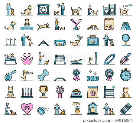 Dog training icons set. Outline set of dog training vector icons thin line color flat on white 94916004